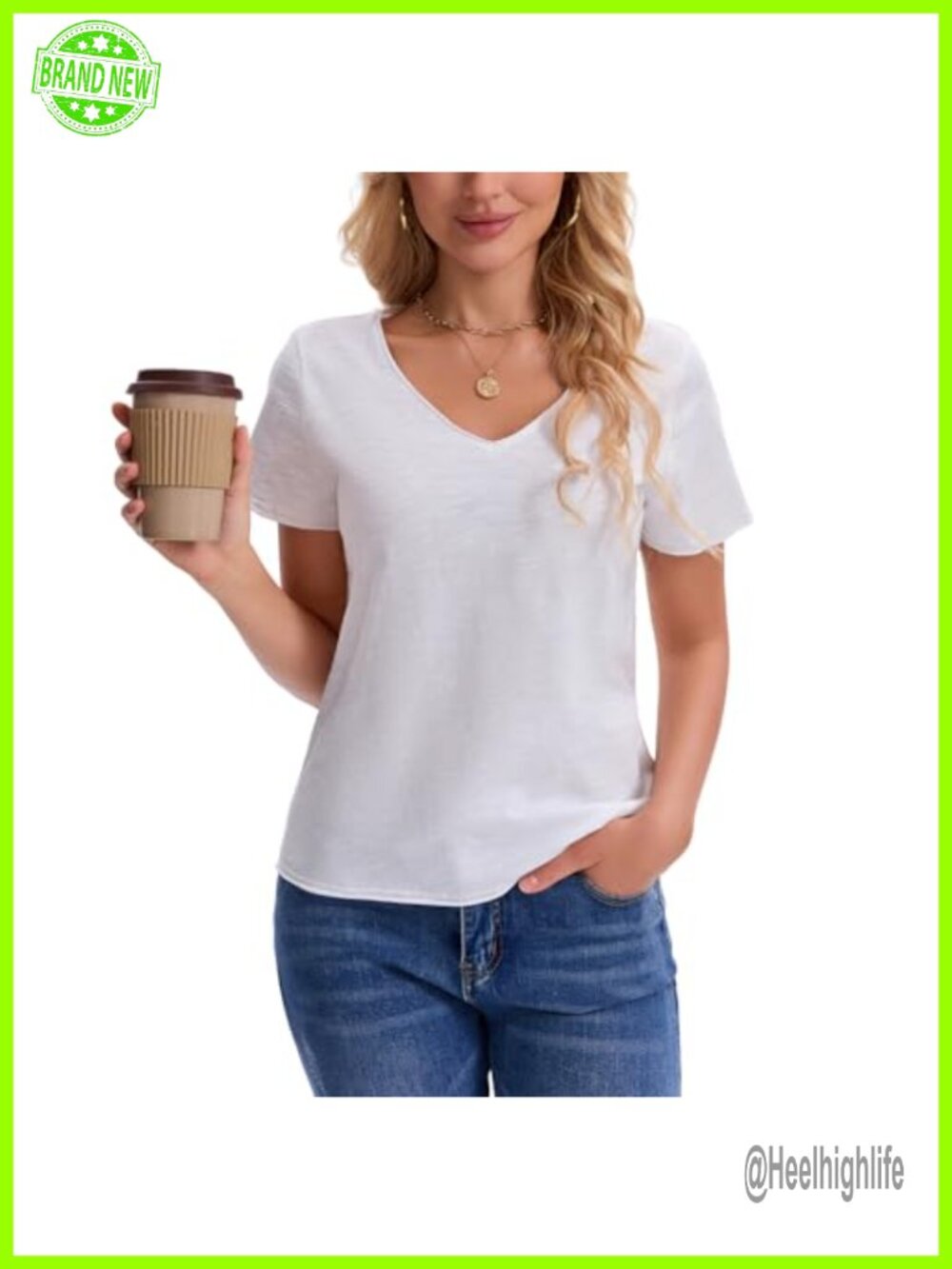 Womens Slub Cotton V-Neck Short Sleeve Raw Hem Summer Tee